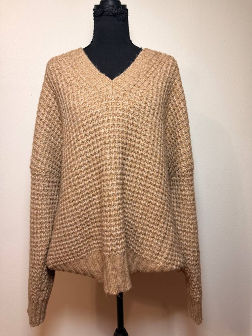 American Eagle Camel Waffle Knit Oversized V-Neck Sweater Cozy Neutral Style